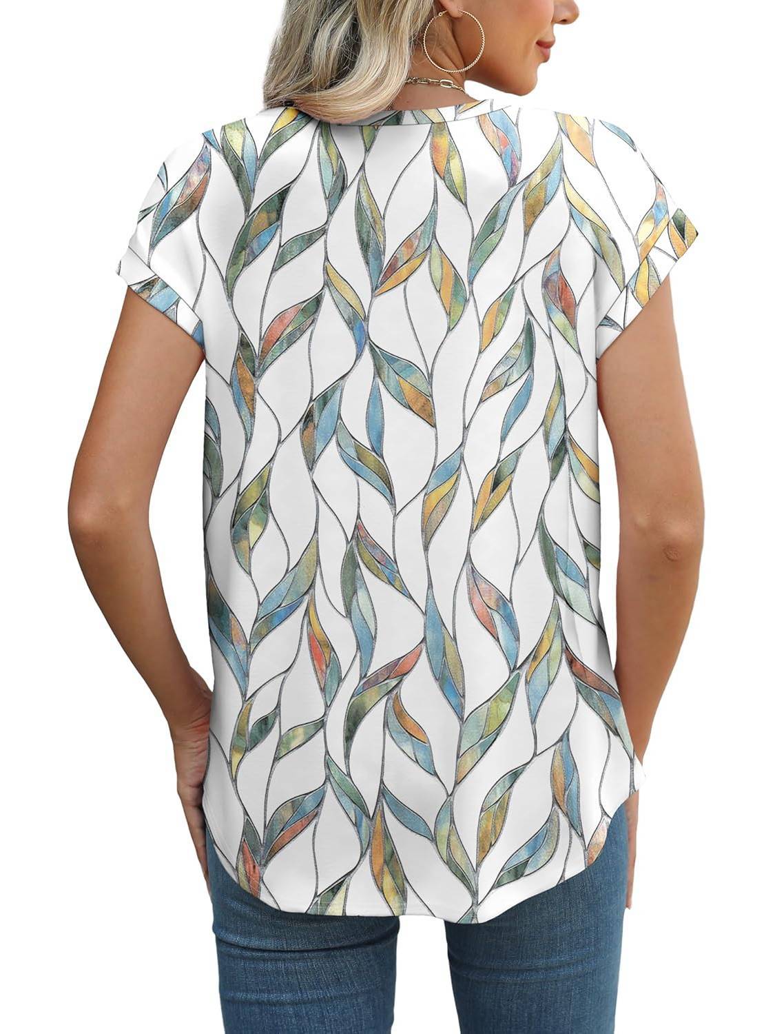 Women's Leaf Print Crew Neck Cap Sleeve Casual Top