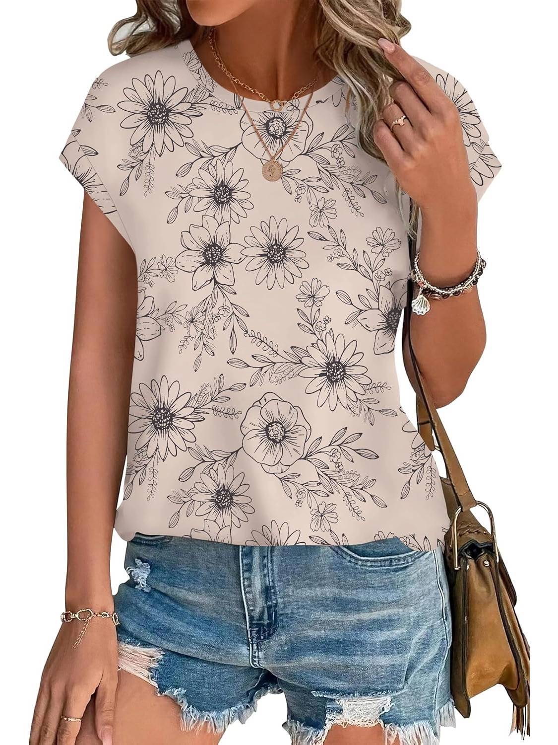 Women's Leaf Print Crew Neck Cap Sleeve Casual Top