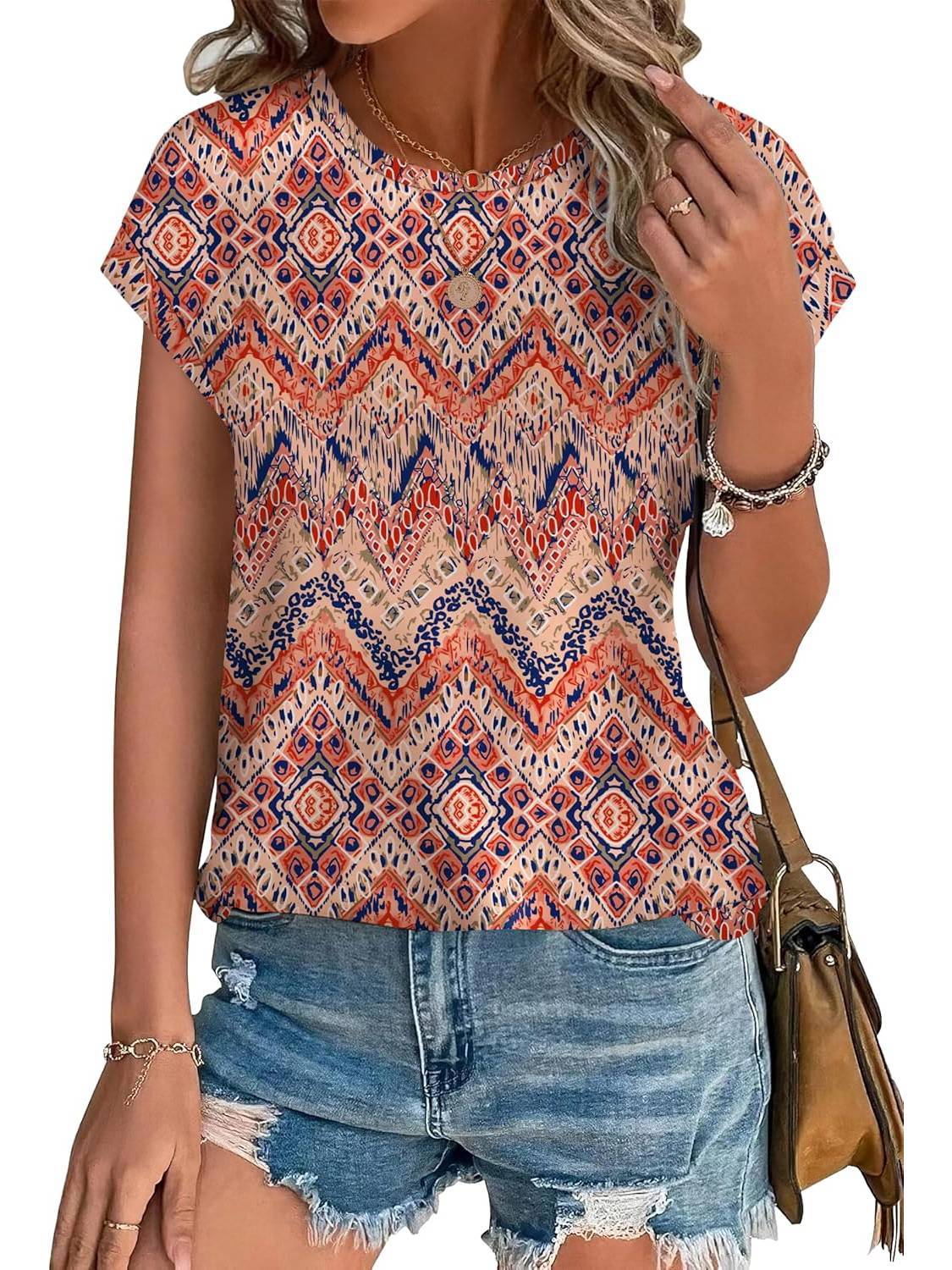 Women's Leaf Print Crew Neck Cap Sleeve Casual Top