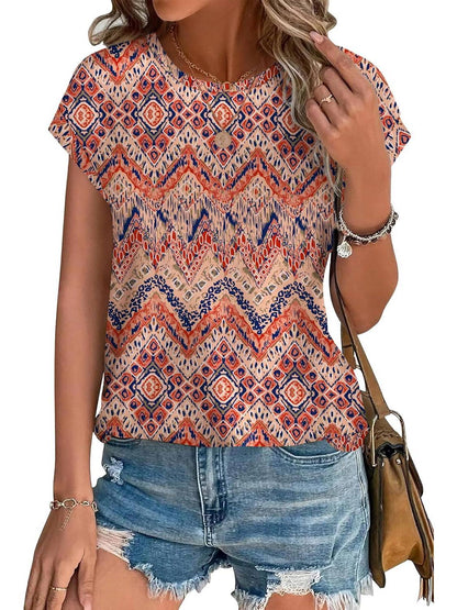 Women's Leaf Print Crew Neck Cap Sleeve Casual Top