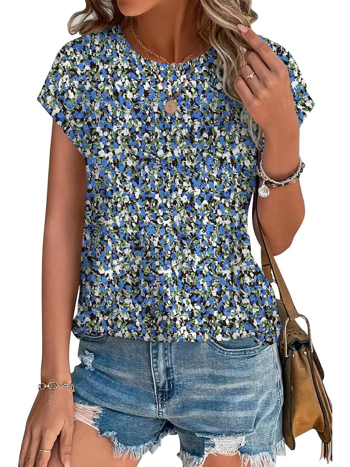 Women's Leaf Print Crew Neck Cap Sleeve Casual Top