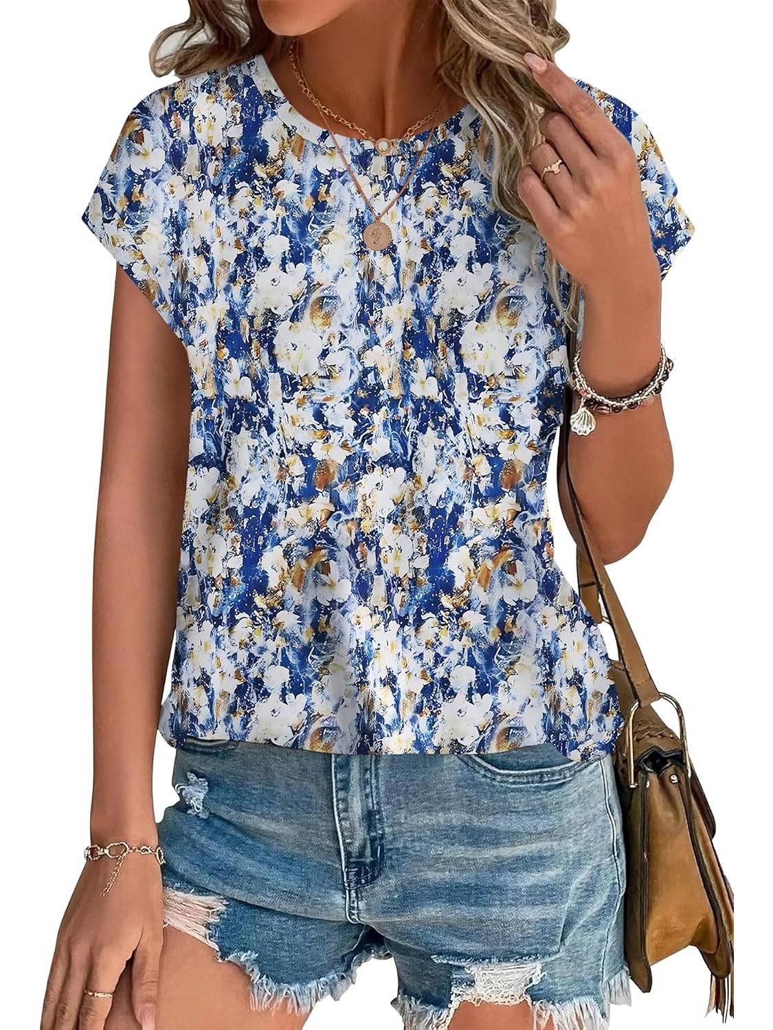 Women's Leaf Print Crew Neck Cap Sleeve Casual Top