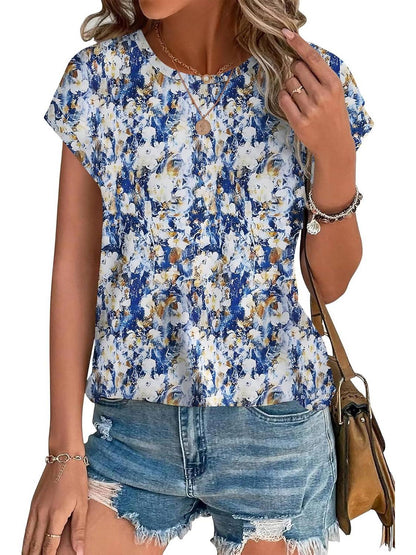 Women's Leaf Print Crew Neck Cap Sleeve Casual Top