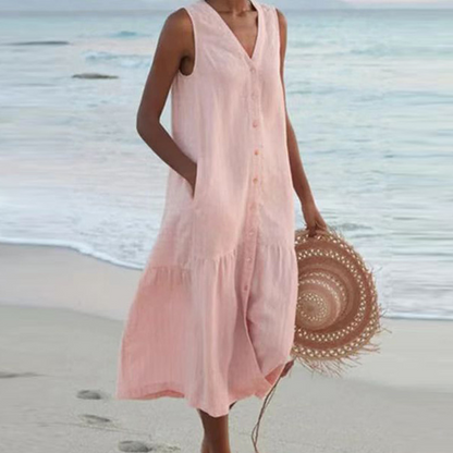Women's Sleeveless Button-Front Midi Dress with V-Neck Design