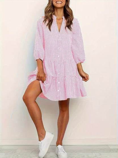 Women's Gingham Print Button-Down Mini Dress 3/4 Sleeve