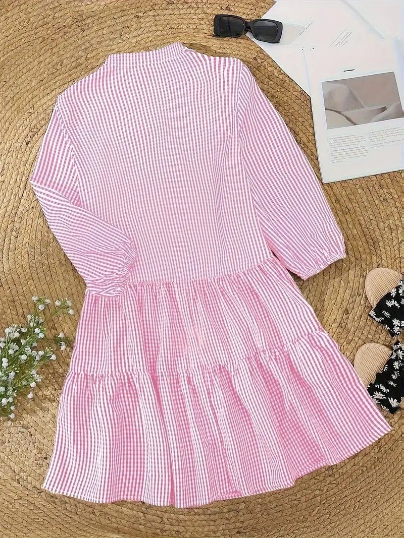Women's Gingham Print Button-Down Mini Dress 3/4 Sleeve
