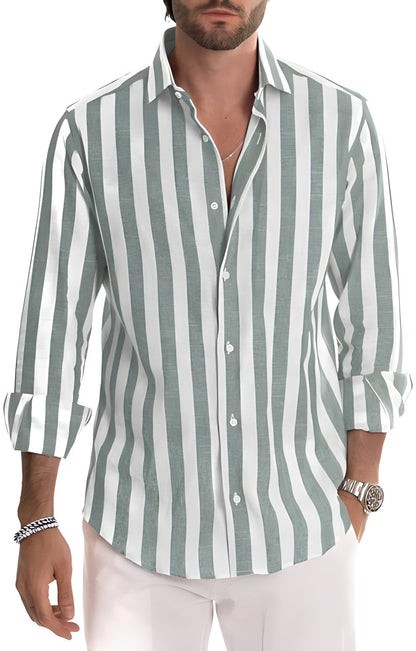 Men’s Striped Summer Shirt Lightweight Breathable Cotton Blend Comfortable Everyday Casual Shirt