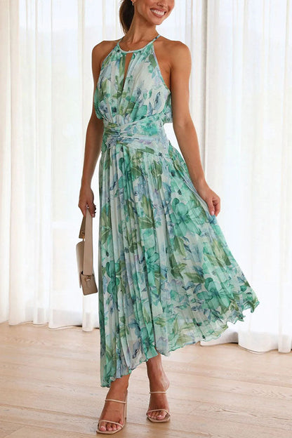 Sukienka maxi z dekoltem halter w kwiaty Aqua