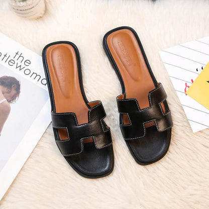 Women’s Leather Sandals Slip On H Strap Design Low Heel Elegant Summer Casual Footwear