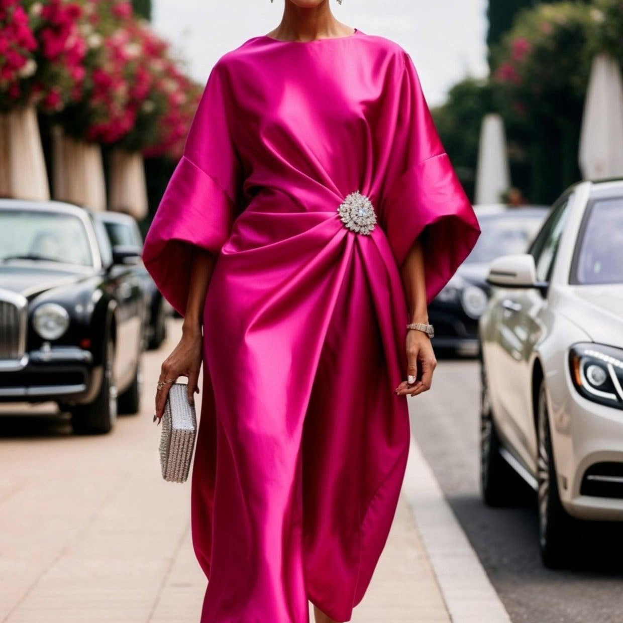 Damen-Maxikleid aus Satin mit Rüschen