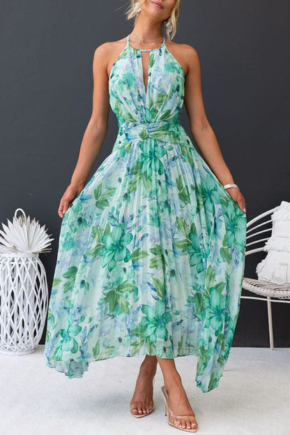 Sukienka maxi z dekoltem halter w kwiaty Aqua