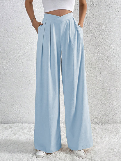 Pantalon Large Plissé Taille Haute Femme – Style Décontracté d’Été