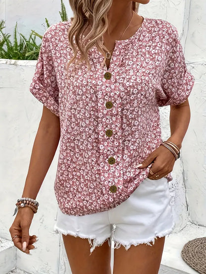 Women's Floral Print Short Sleeve Button-Front Blouse