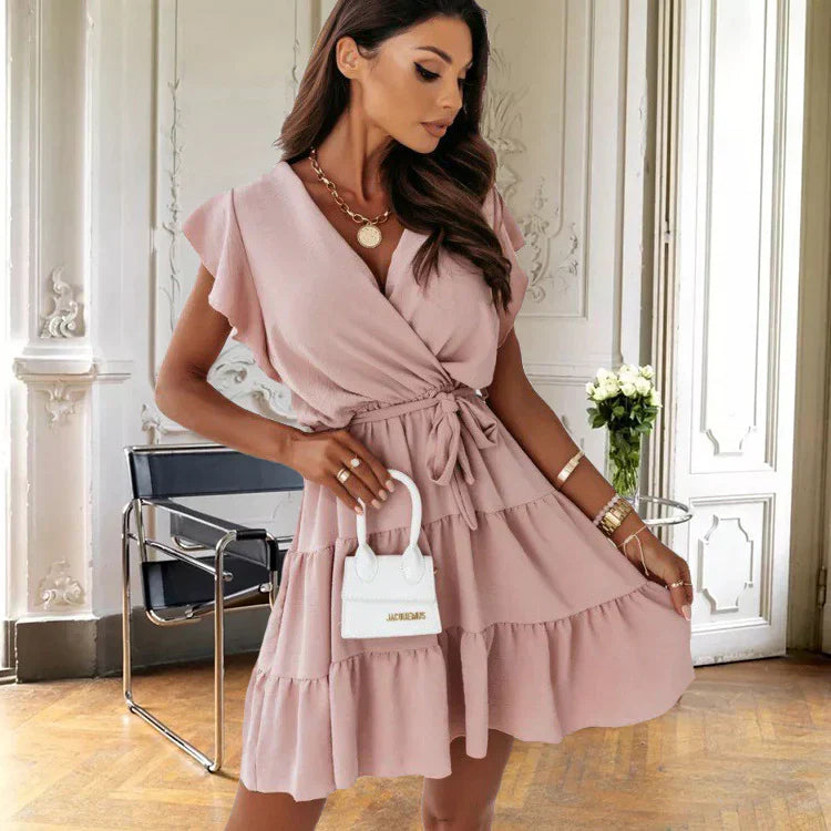 Women's Wrap Mini Dress Flutter Sleeve Ruffle Belted