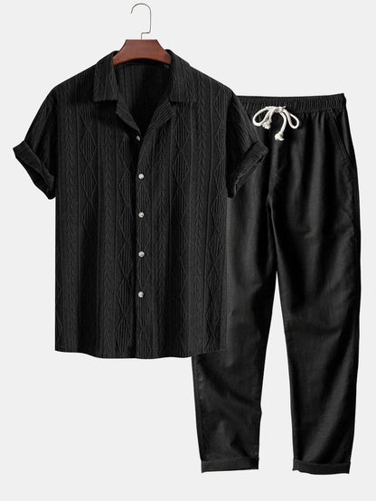 Valeriox  – Geometrisches Jacquard Hemd Und Leinenhose Set