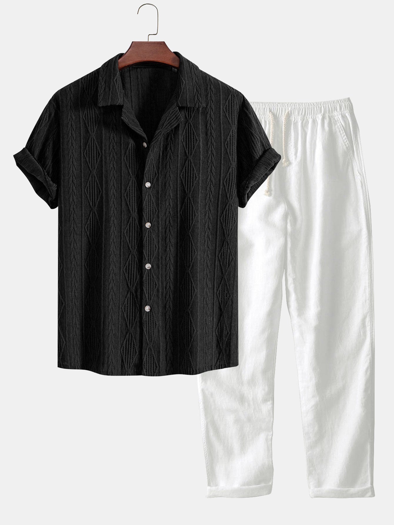 Valeriox  – Geometrisches Jacquard Hemd Und Leinenhose Set