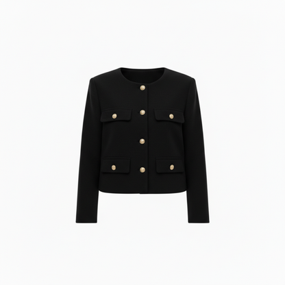 Veste en Polyester à Col Rond avec Boutons Dorés et Poches pour Femme