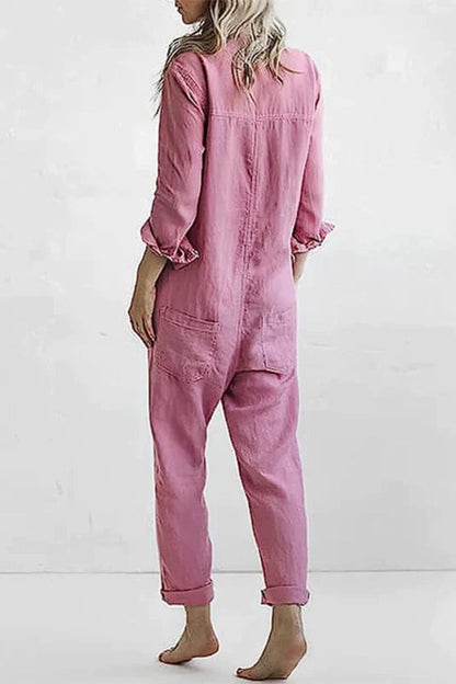 Audrey Casual Langærmet Button Up Jumpsuit | Flatterende pasform med brystlomme | Perfekt til både afslappede og elegante lejligheder