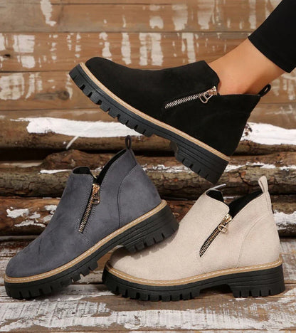 Bottines Confort Femme – Bout Rond avec Plateforme et Fermeture Zippée