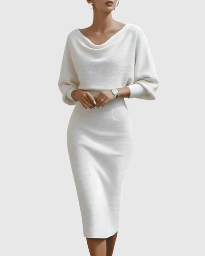Women's Cowl Neck Batwing Sleeve Ribbed Midi Dress