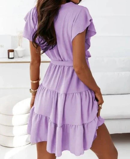 Women's Wrap Mini Dress Flutter Sleeve Ruffle Belted