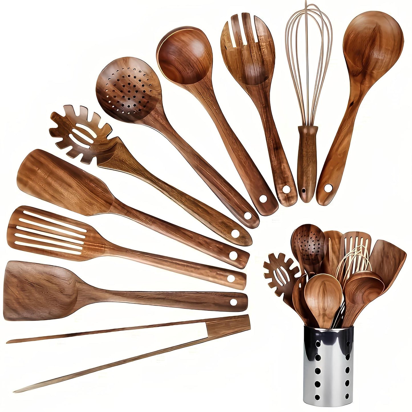 Teakholz-Küchenutensilien Set – 11-teilig mit Halter