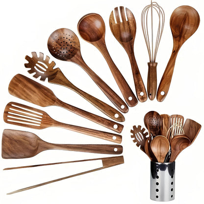 Teakholz-Küchenutensilien Set – 11-teilig mit Halter