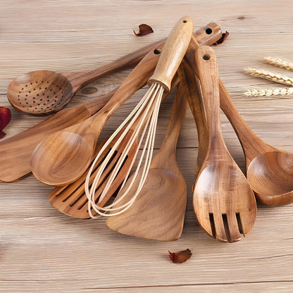 Teakholz-Küchenutensilien Set – 11-teilig mit Halter