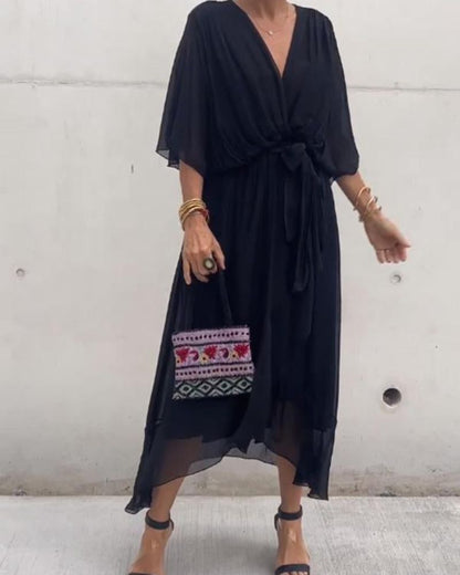 Robe Femme Cristi – Élégante Robe Portefeuille avec Manches Chauve-Souris & Ourlet Asymétrique