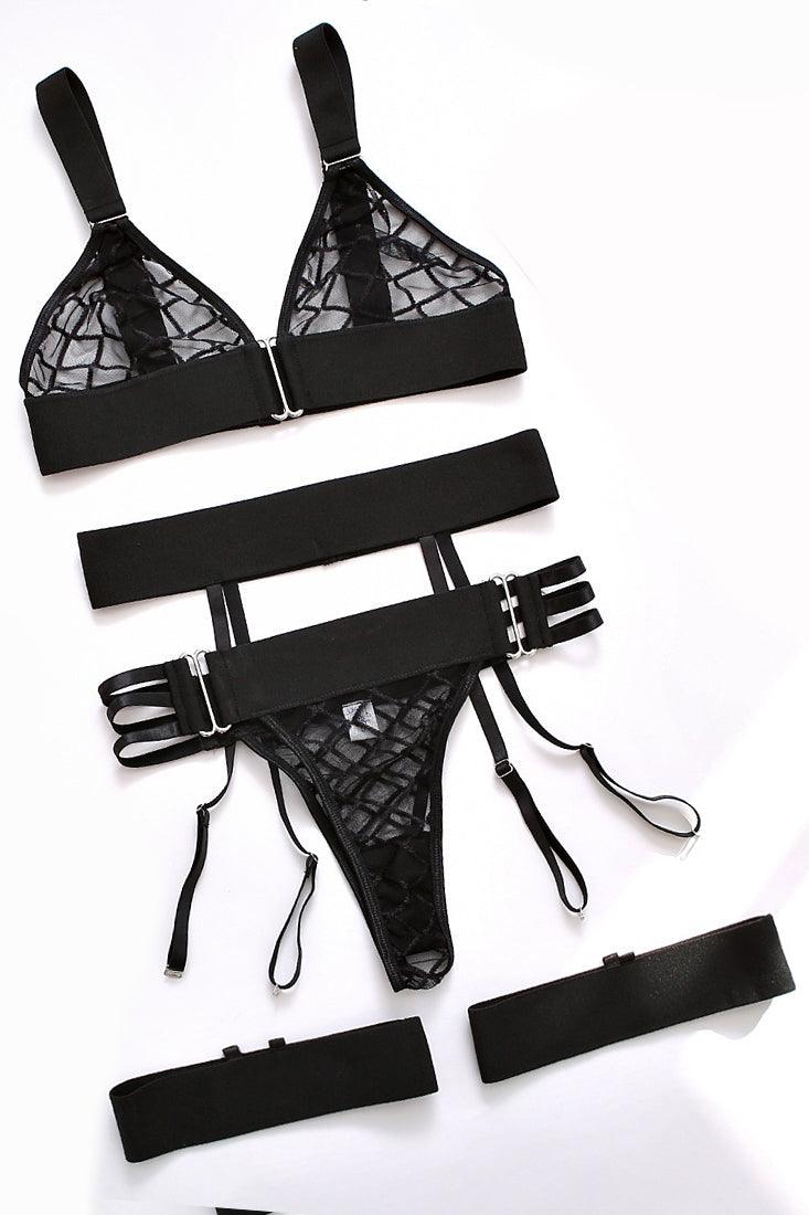 Black Lingerie Set Checker Mesh Sheer Garter dames