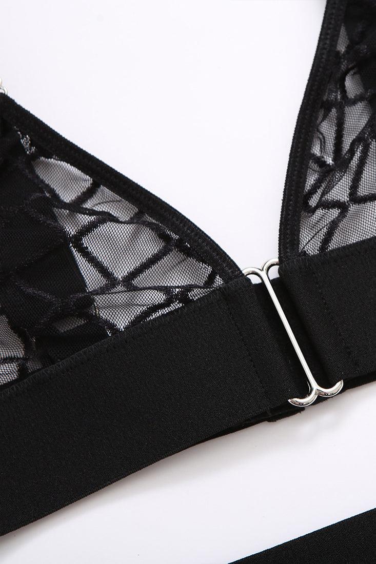 Black Lingerie Set Checker Mesh Sheer Garter dames