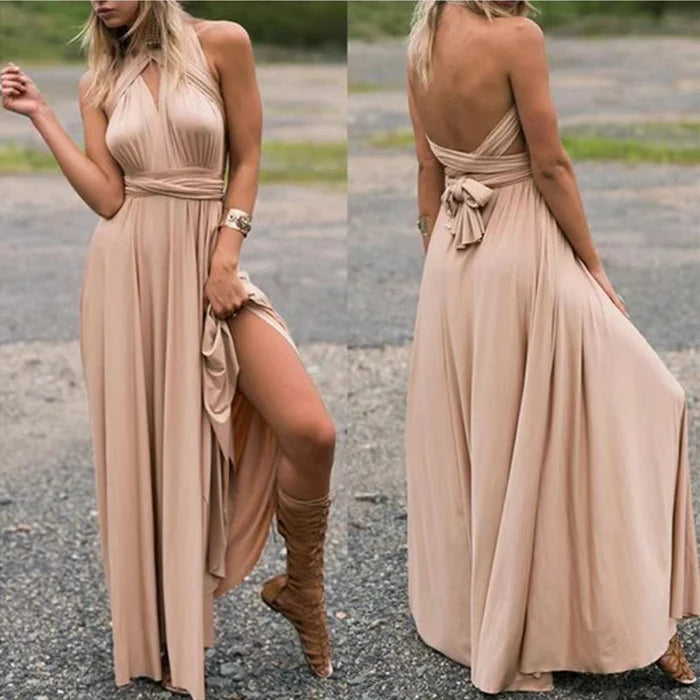 Maxikjole i polyester chiffon med halterneck og åben ryg sommer