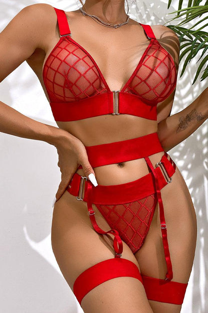 Red Lingerie Set Checker Mesh Sheer Garter dames