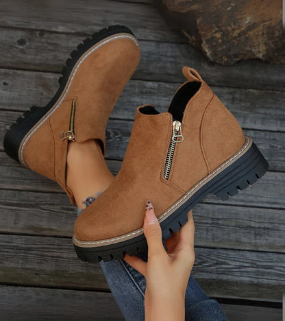 Bottines Confort Femme – Bout Rond avec Plateforme et Fermeture Zippée
