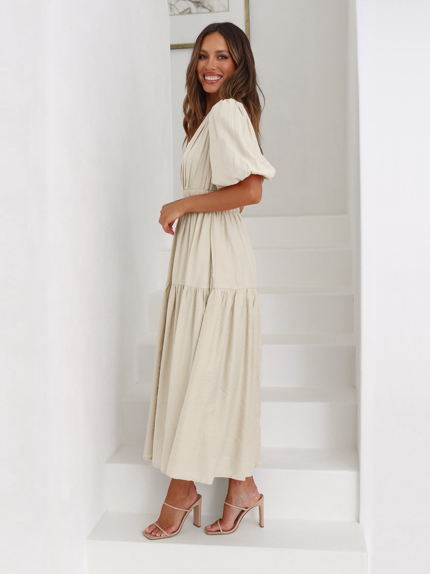 Women's V-Neck Puff Sleeve Midi Dress with Smocked Waist