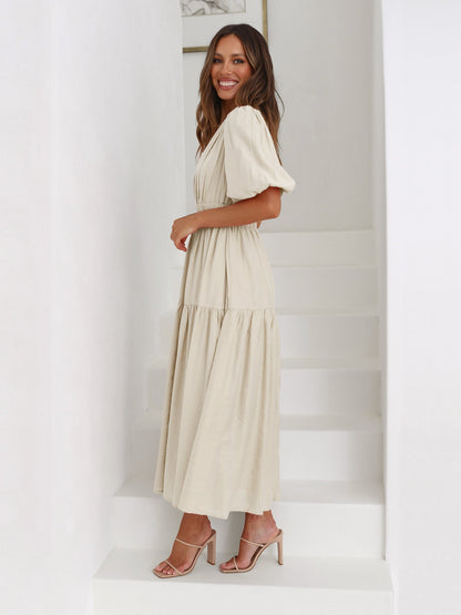 Women's V-Neck Puff Sleeve Midi Dress with Smocked Waist