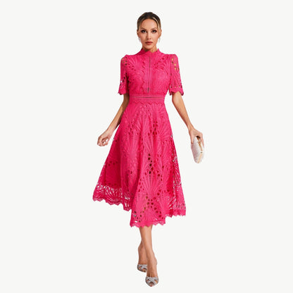Elizabeth - Kant Jurk met Holle Details Ronde Hals en Middenkuit Lengte
