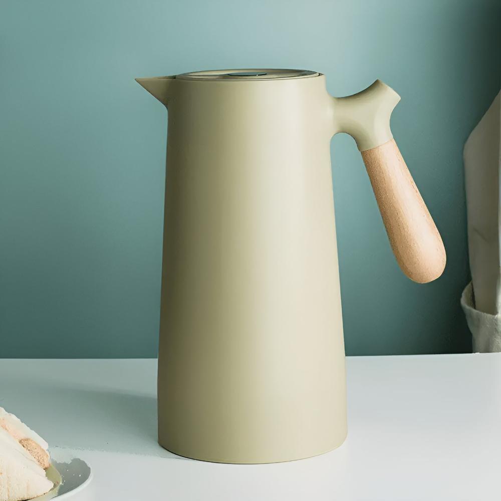 Geïsoleerde Karaf 1 Liter Houten Handvat Dubbelwandig Koffiekaraf Thermos Scandinavisch Design Groen Wit Zwart Rood Bruin | Restfield
