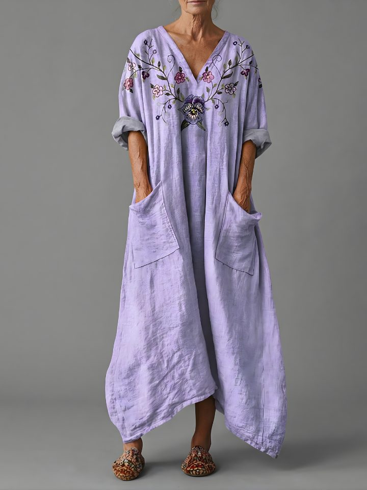Women’s Linen Kaftan Boho Maxi Dress Floral Embroidered V Neck Relaxed Tunic