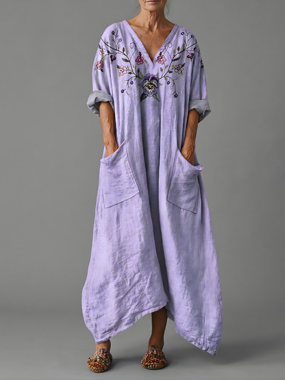 Women’s Linen Kaftan Boho Maxi Dress Floral Embroidered V Neck Relaxed Tunic