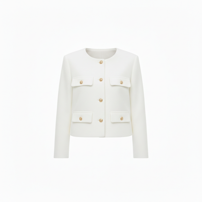Veste en Polyester à Col Rond avec Boutons Dorés et Poches pour Femme