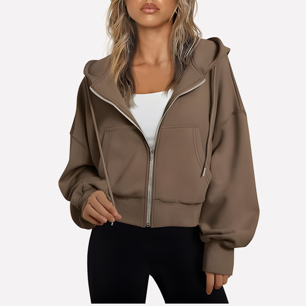 Women’s Zip Hoodie Relaxed Fit Cropped Drawstring Jacket