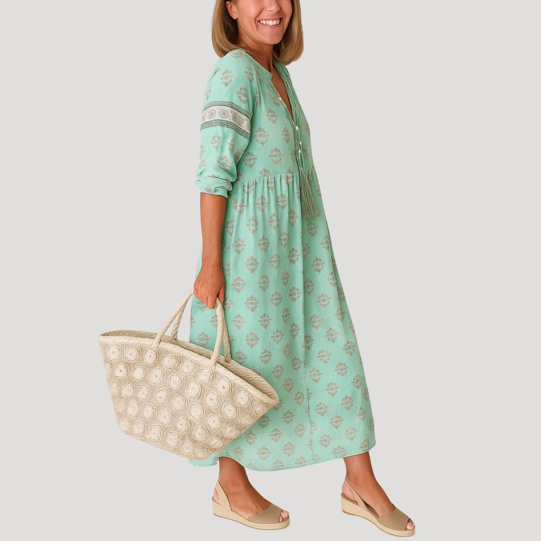 Elle | Women Beach Midi Dress V-Neck Tassel Tie 3/4 Sleeves All-Over Print