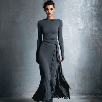 Damen-Maxikleid im Wickelstil, gestrickt, mit Knopf