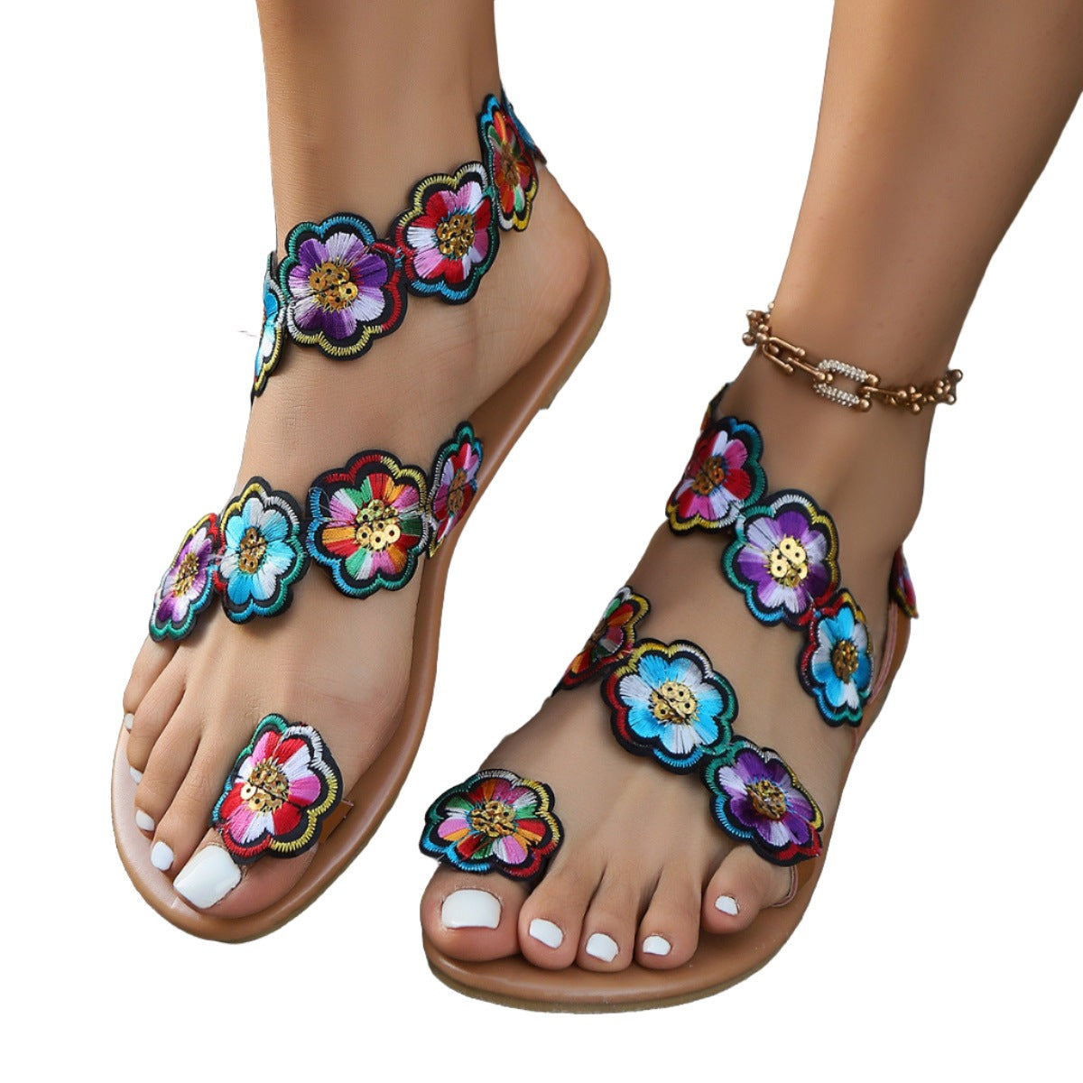 Ethnic Style Flowers Flat Sandals Casual Clip Toe Beach Shoes For Women