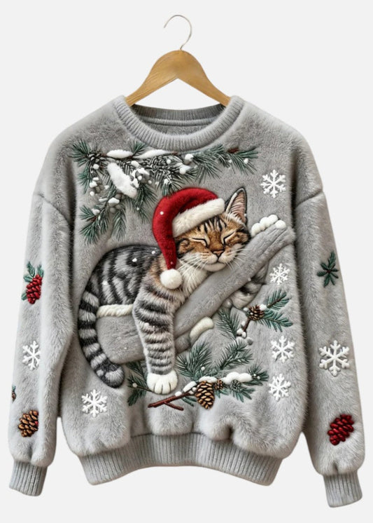 Fluffy | Sweter Damski Christmas Lazy Cat Art – Przytulny, Pluszowy