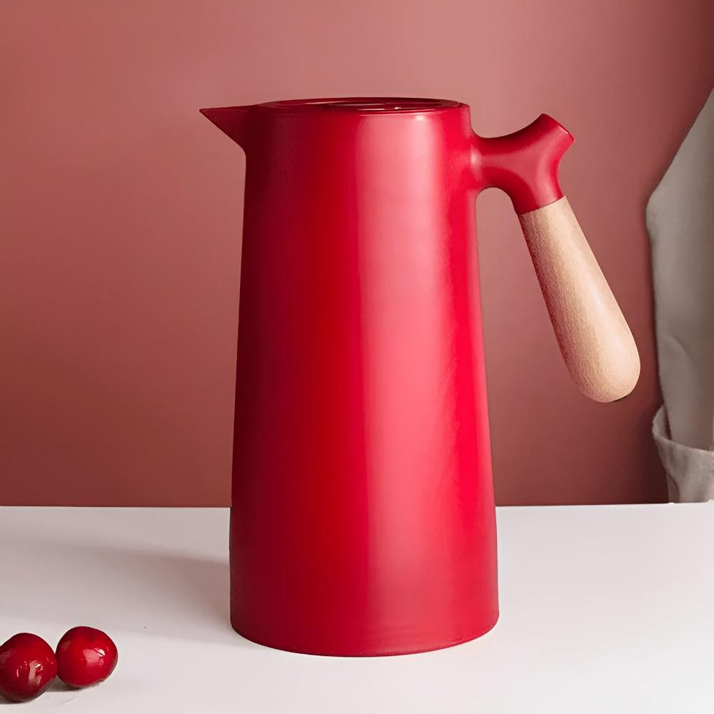 Geïsoleerde Karaf 1 Liter Houten Handvat Dubbelwandig Koffiekaraf Thermos Scandinavisch Design Groen Wit Zwart Rood Bruin | Restfield