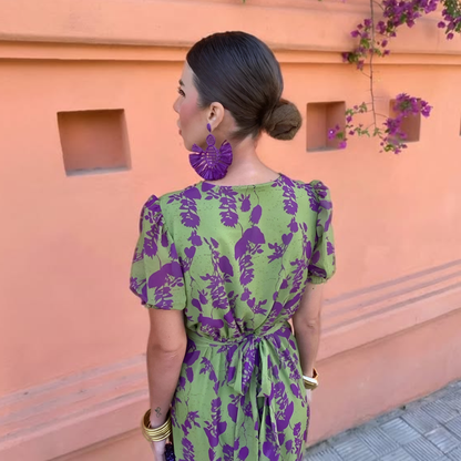 Vestido Midi Mujer Elegante Ajustado – Escote V y Diseño Floral