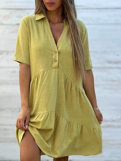 Robe Courte Femme Lin Coton Coupe Ample Col V Boutonné Été
