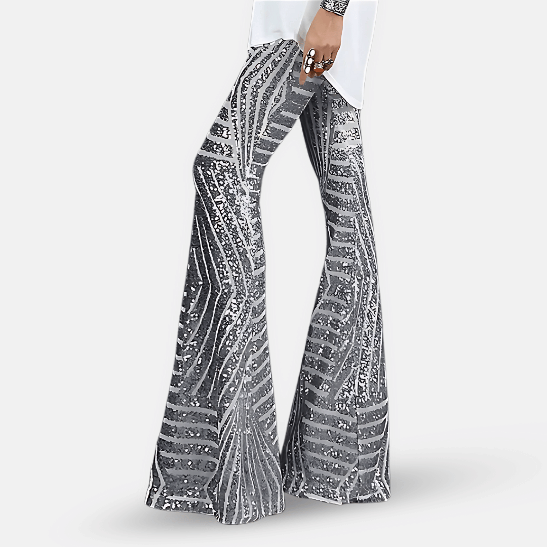 Pantalon évasé à sequins taille haute pour femme – Pantalon glamour et élégant